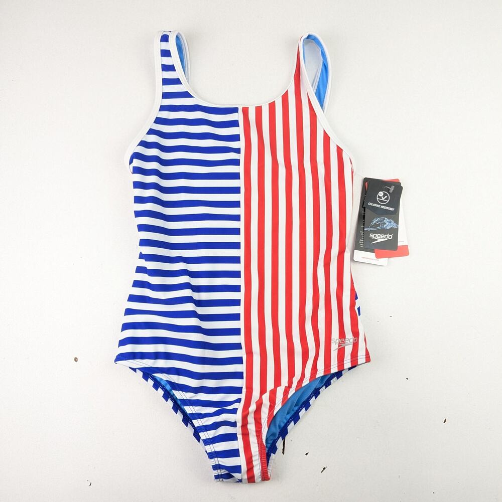 Speedo Red & Blue Striped Swimsuit